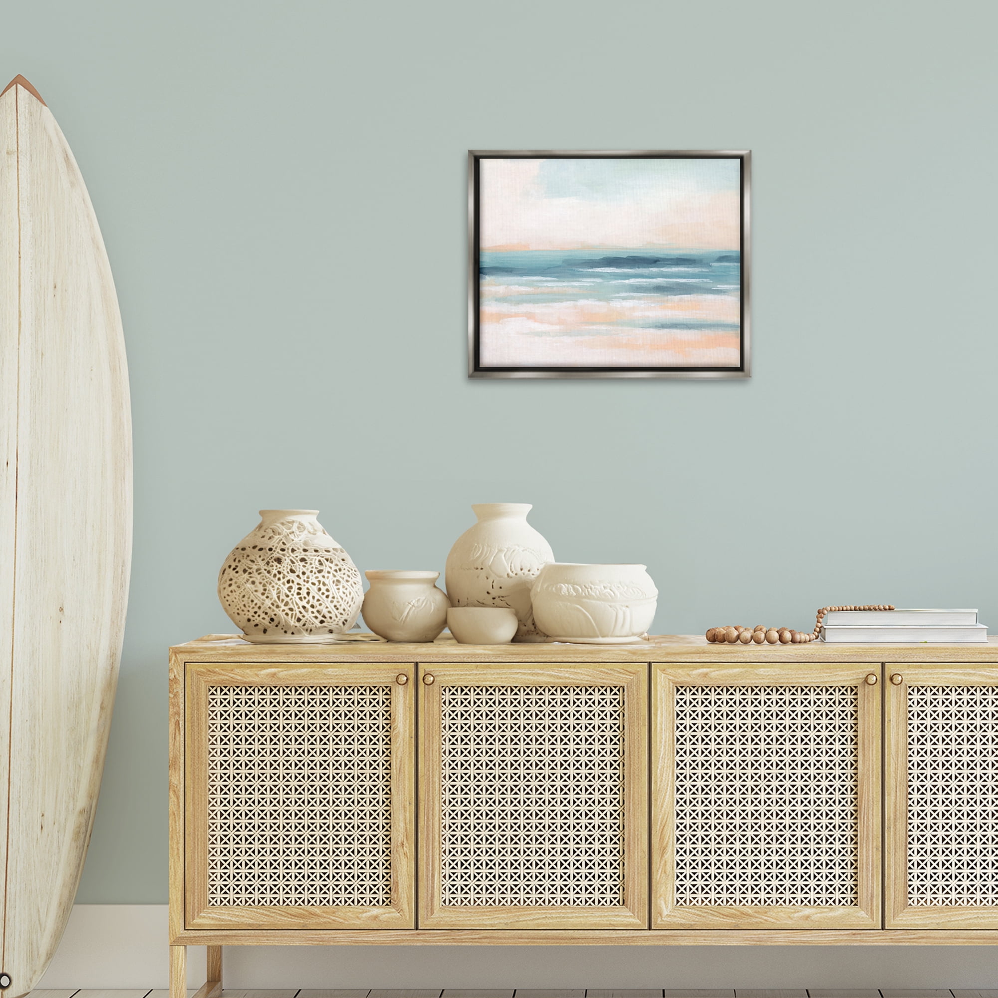 Stupell Industries Pastel Beach Coast Landscape Painting Gray Floater Framed Canvas Art Print Wall Art, 21 x 17
