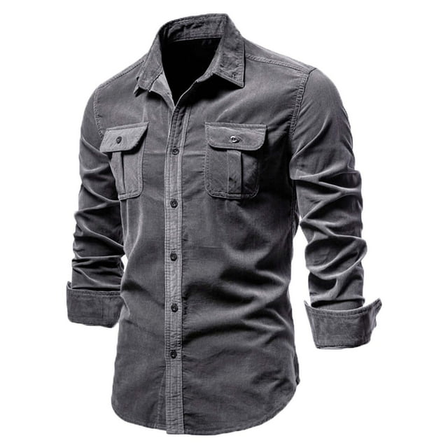 Mikilon Chemise Blouse Décontractée pour Homme en Velours Côtelé de Coton à Manches Longues, Coupe Ajustée, Col Rabattu