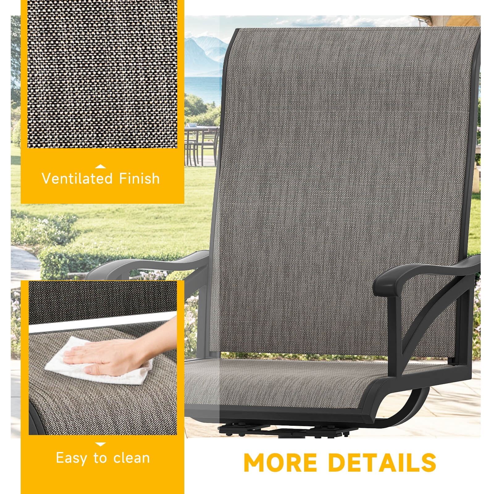 Uforic 2-Piece Outdoor Swivel Patio Chairs, High Back Weather Resistant Fabric 360 Degree Rotating Chairs for Porch Deck Garden, Brown