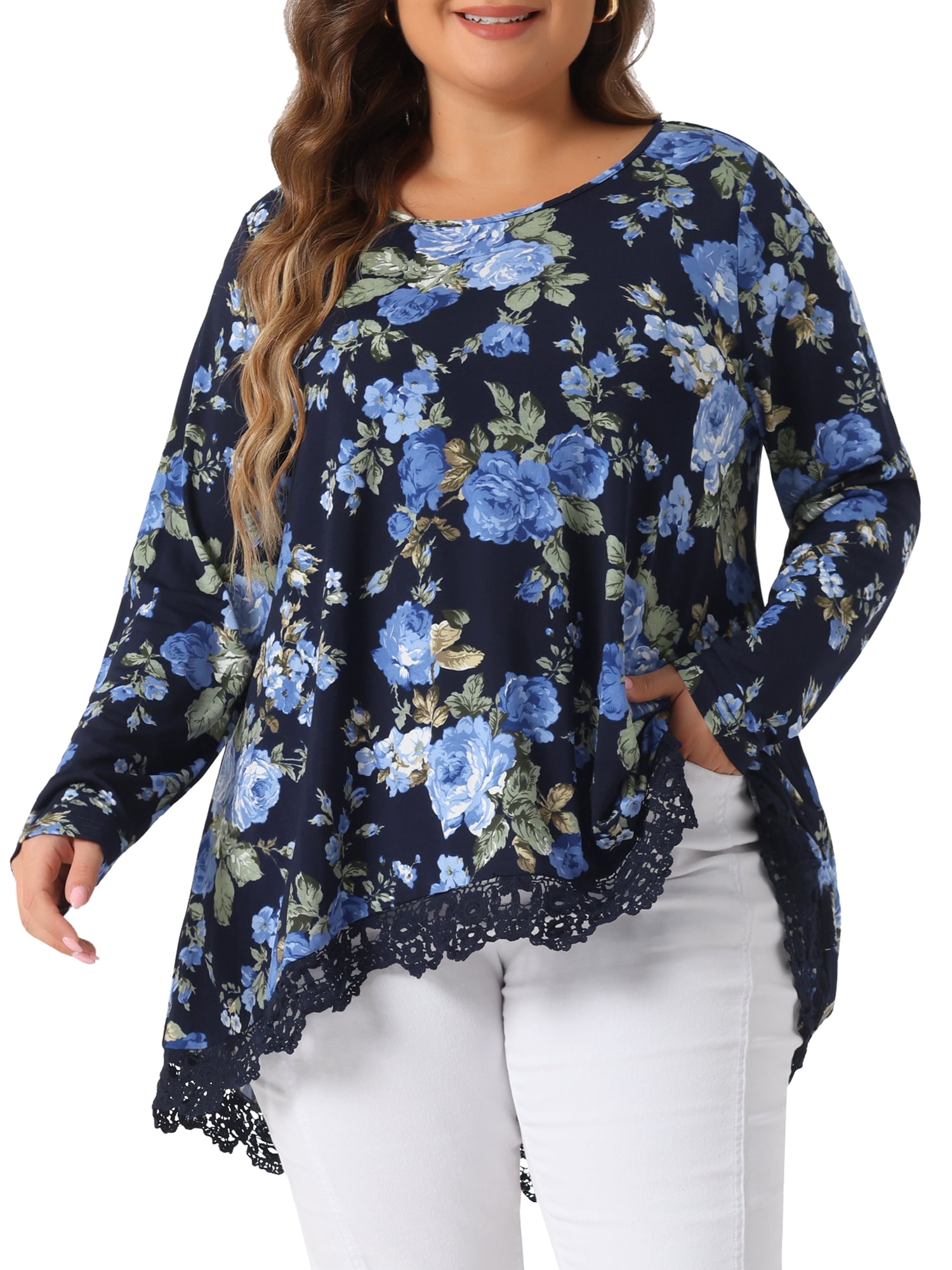 DARING DIVA Women's Plus Size Crew Neck Lace Trim A-Line Floral Blouse 3X Navy Blue