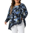 thumbnail image 2 of DARING DIVA Women's Plus Size Crew Neck Lace Trim A-Line Floral Blouse 1X Navy Blue, 2 of 6