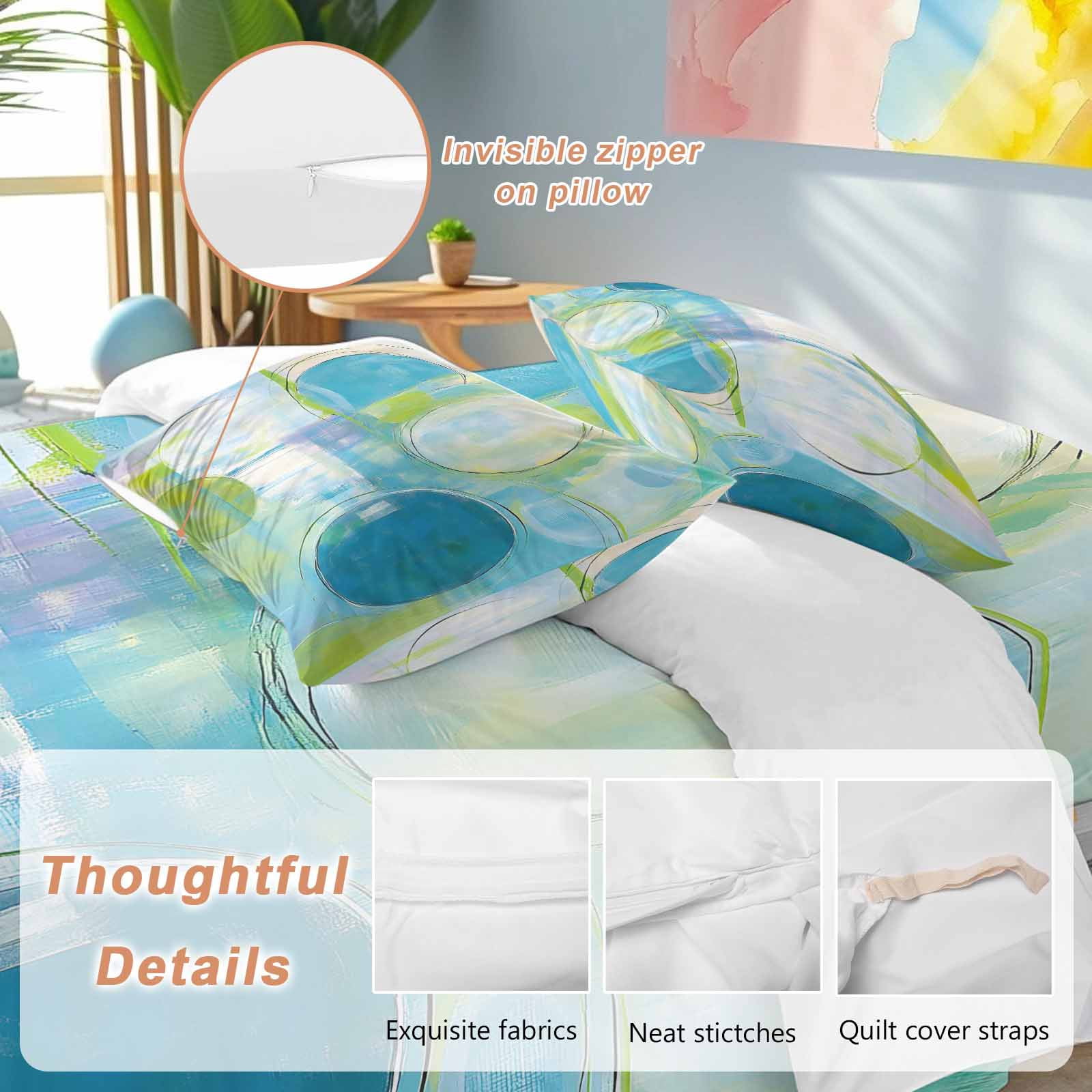 Queen 4 Piece Bedding Set Blue Gradient Color Block Soft Breathable Duvet Cover and Pillowcase, Watercolor Painting Graffiti Art Duvet Cover Set Bed Sheets for Bedroom Dormitory Guest Room