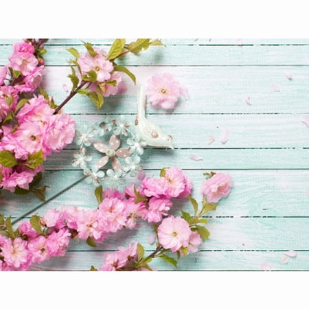 NK HOME 7x5ft(220x150cm) Photography Backdrop Background Blue Wooden Wall Pink Flowers Spring Photograph Studio Photo Booth