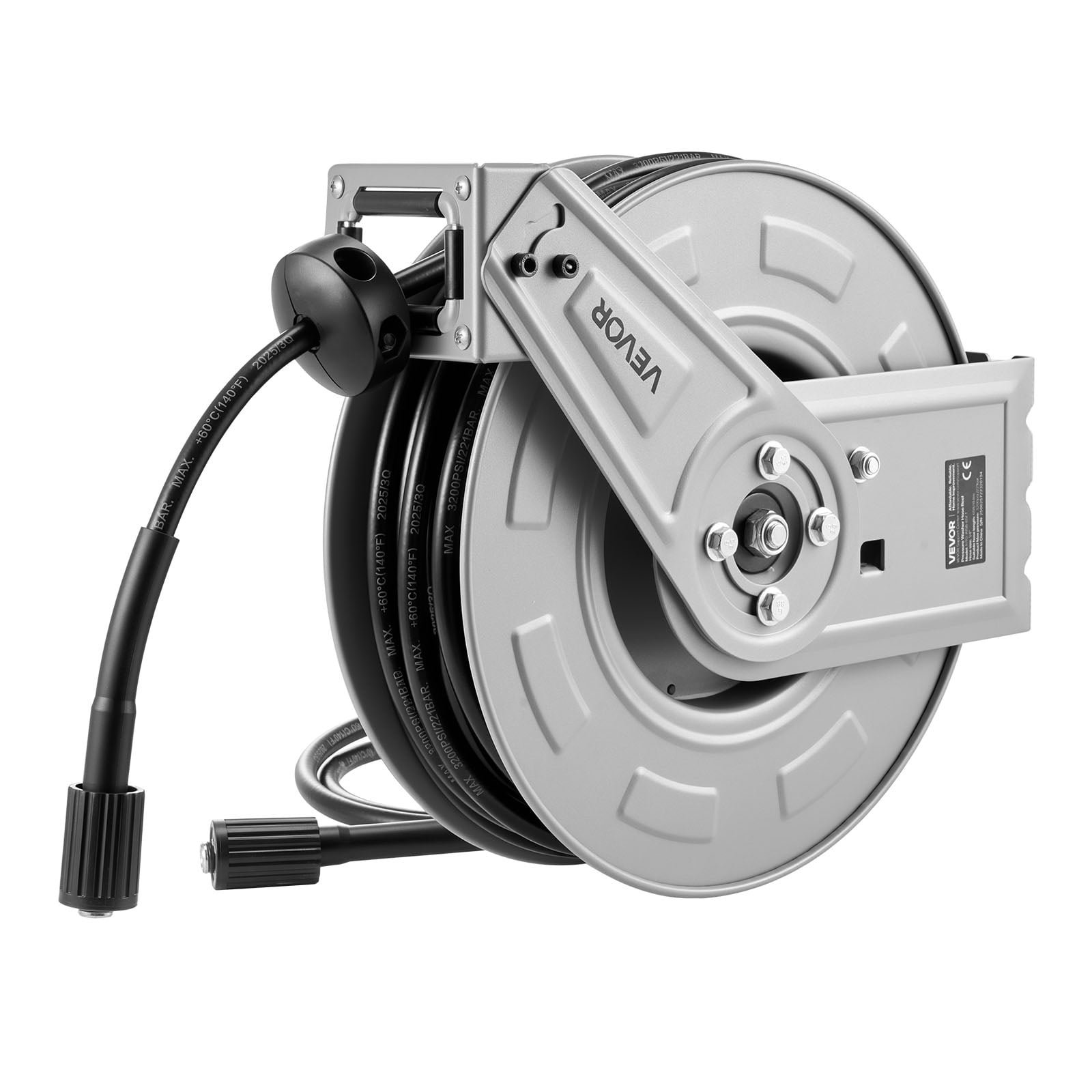 VEVOR Pressure Washer Hose Reel, 65 ft x 1/4 inch Retractable Power Heavy-Duty Steel Washer Hose Reel, 3200PSI Max, Auto-Rewinding, Flexible Wall/Floor Mounted for Car Washing,Garden,Floor Cleaning