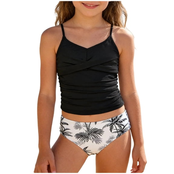 ZHAGHMIN Girls 2 Piece Tankini Swimsuit Set Ruched Floral Print Fast Drying Breathable Lightweight Swimwear for Beach Pool Vacation 11 to 12 Years