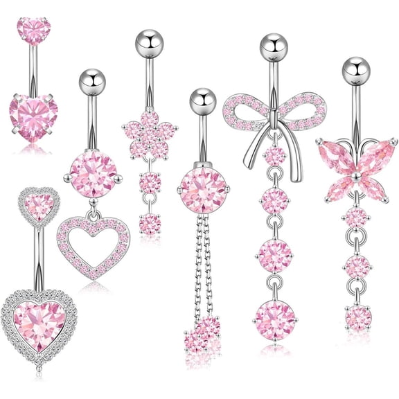 WeiDongzhuo 7Pcs Dangle Belly Button Rings, 14G Surgical Steel Navel Piercing Jewelry with CZ Heart Butterfly Flower Designs for Women