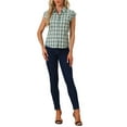 thumbnail image 2 of Camisa de botones de cuadros con cuello puntiagudo y mangas cortas para mujer INSPIRE CHIC en verde y blanco, 2 of 6