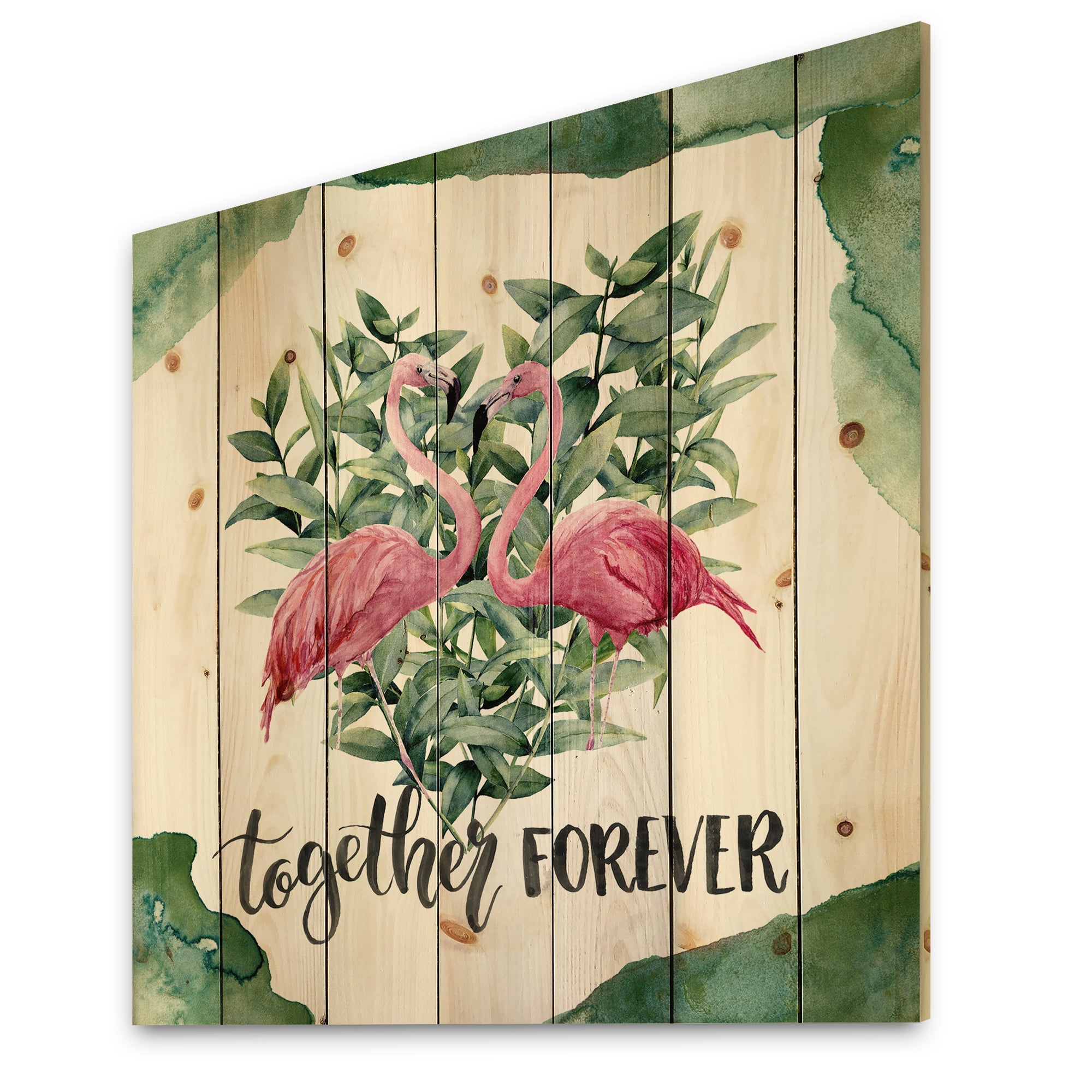 Designart 'Eucalyptus Leaves With Flamingo Floral Heart' Traditional Print on Natural Pine Wood