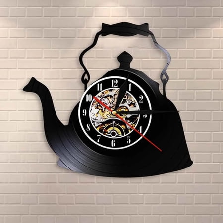 Modern Kitchen Artwork Teapot Vinyl Wall Clock,Vinyl Record Clock Wall Art Black Handmade Art Home Unique Gift idea