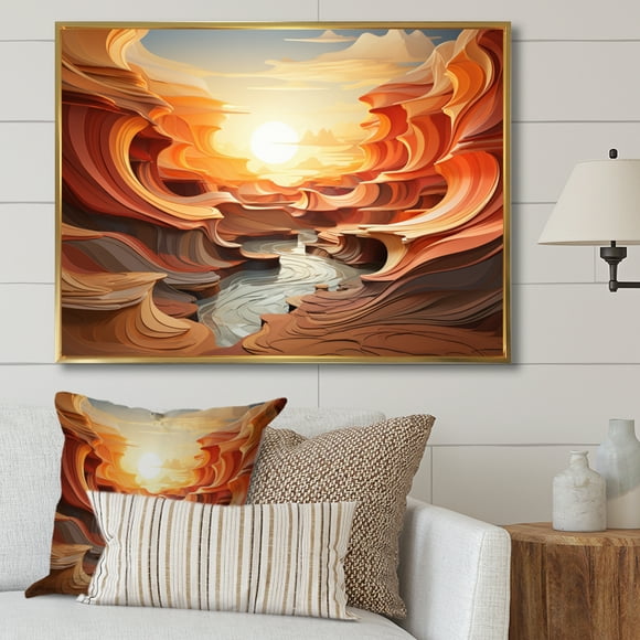 Designart Large Canyon framed wall Art, Canyons Depths Orange Canyon art painting , Canyon framed wall art decor, Orange Traditional Gold framed wall art, 44x34 inches Gold Frame