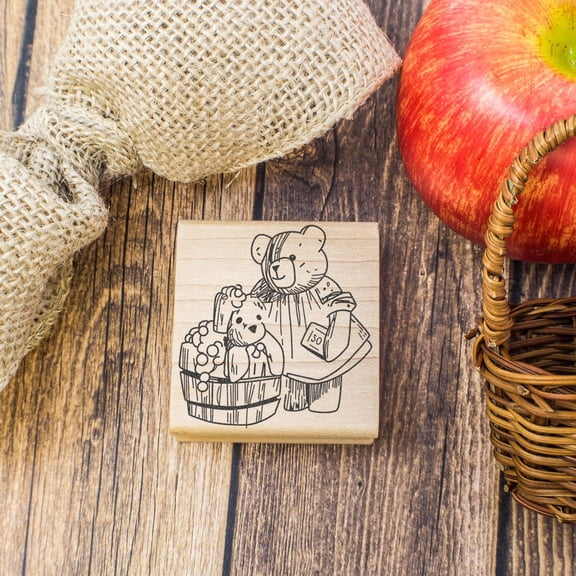 Bear Washing Bear Art Rubber Stamp, Laser Engraved Craft Stamp on Wood Mounted Block, Size 1-3/4” x 1-3/4”, Made in USA