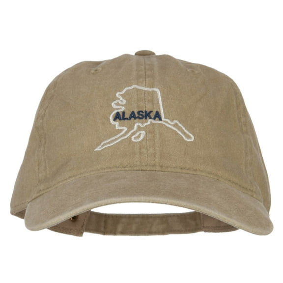 Alaska with Map Outline Embroidered Washed Cotton Cap - Khaki OSFM