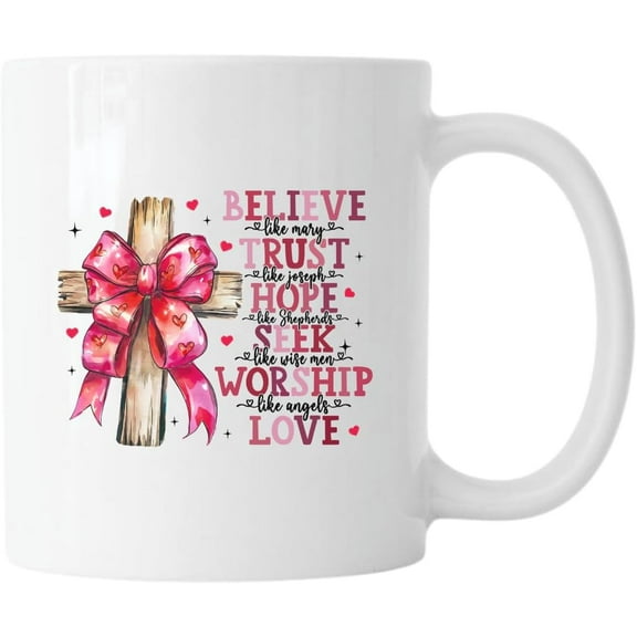 11oz Christian Coffee Mug – Faith-Based Religious Mug with Cross and Pink Bow – Inspirational Bible Verse Cup – Christian Gift for Women, Mom, Grandma, Easter, Christmas, Birthday