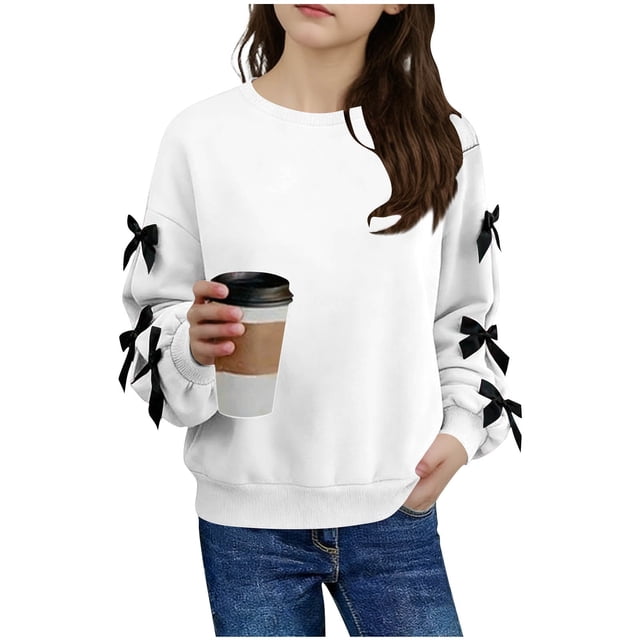 Sudadera con lazo de manga larga para niña, blusa informal de manga larga con cuello redondo, blusa de poliéster para niña