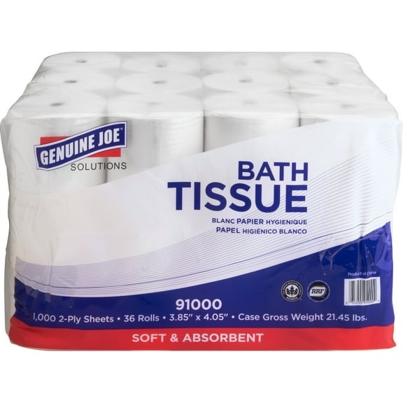Genuine Joe Solutions Double Capacity 2-ply Bath Tissue - 2 Ply - 1000 Sheets/roll - White - Virgin Fiber - Embossed, Chlorine-free - For Bathroom - 36 / Carton