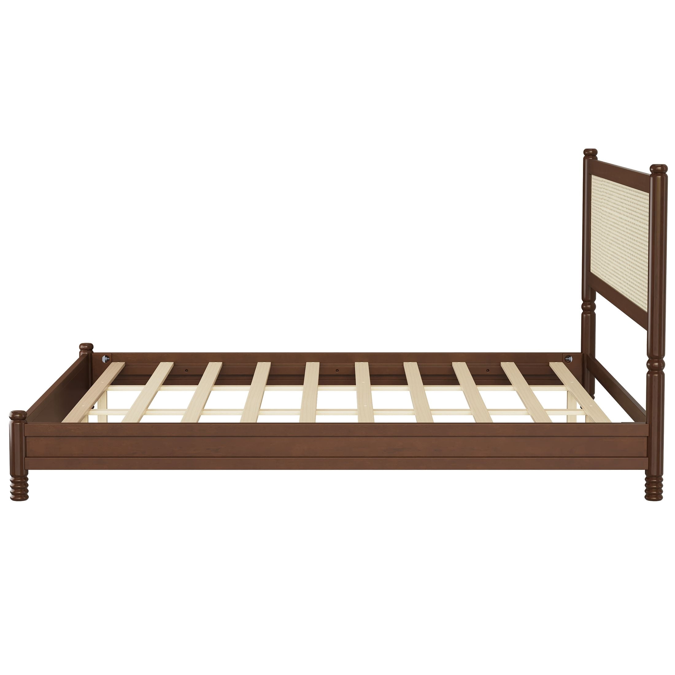 GDF Studio Annes King Size Boho Rattan Platform Bed Frame with Turned Legs, Woven Cane Pine Wood Bed Frame, Walnut