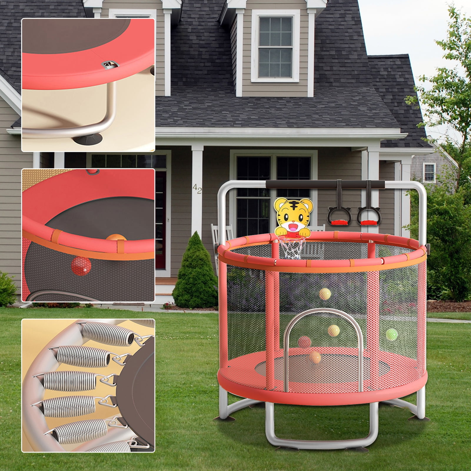 Lorelo Kids Trampoline, Adjustable Baby Toddler Trampoline with Basketball Hoop, Swing, Sandbag, Ocean Balls, 440lbs Indoor Outdoor Toddler Trampoline with Enclosure Net