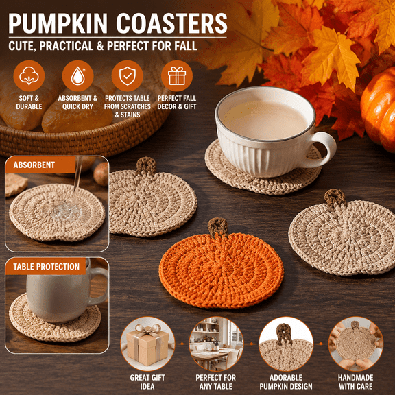 4-Pack Crochet Coaster Set, Handmade Pumpkin Coasters, Soft Absorbent Drink Mats for Fall Autumn Halloween Thanksgiving Pumpkin Decor