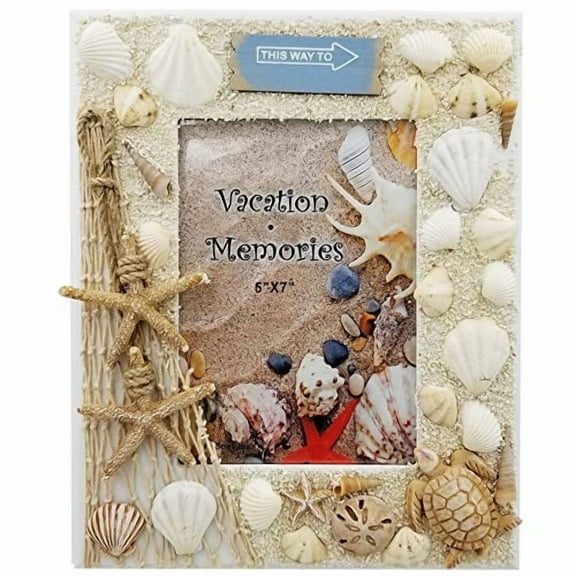 Wooden Picture Frame Nautical Seashells Themed Photo Frames, Best Vacation Getaway Gift/Souvenir Idea Turtle, Dragnet, Starfish, Shells Lover Unique Home Décor (SEASHELLS, 5" x 7")