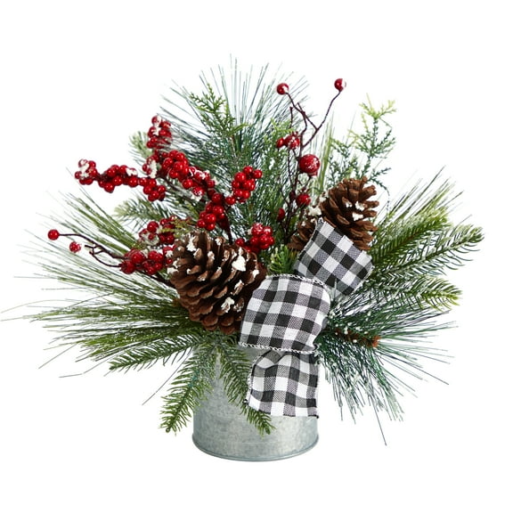Nearly Natural 12" Frosted Pinecones and Berries Artificial Flower Arrangement in Vase, Green