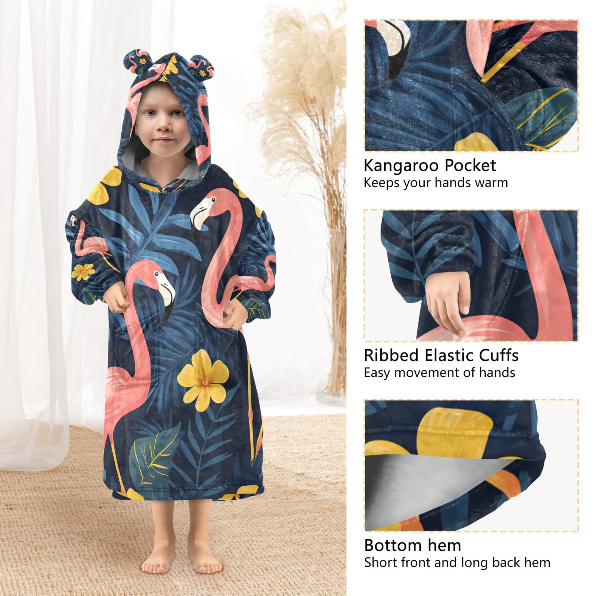 FORMRS Wearable Blanket Hoodie with Sleeves for Kids Cozy Flannel Sweatshirt, Floral Flamingo