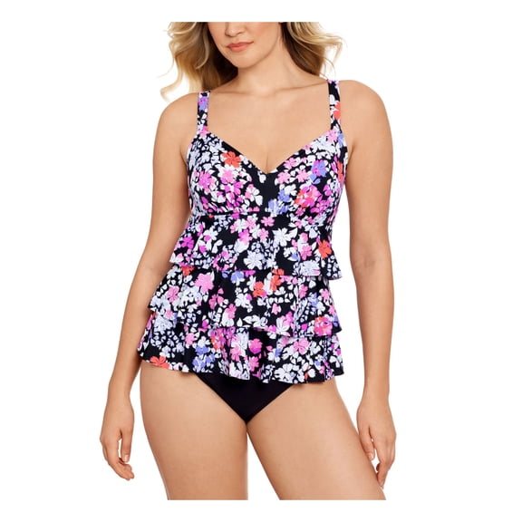 SWIM SOLUTIONS Women's Black Floral Stretch Full Bust Support TUMMY CONTROL Tiered Dancing Queen One Piece Swimsuit 8