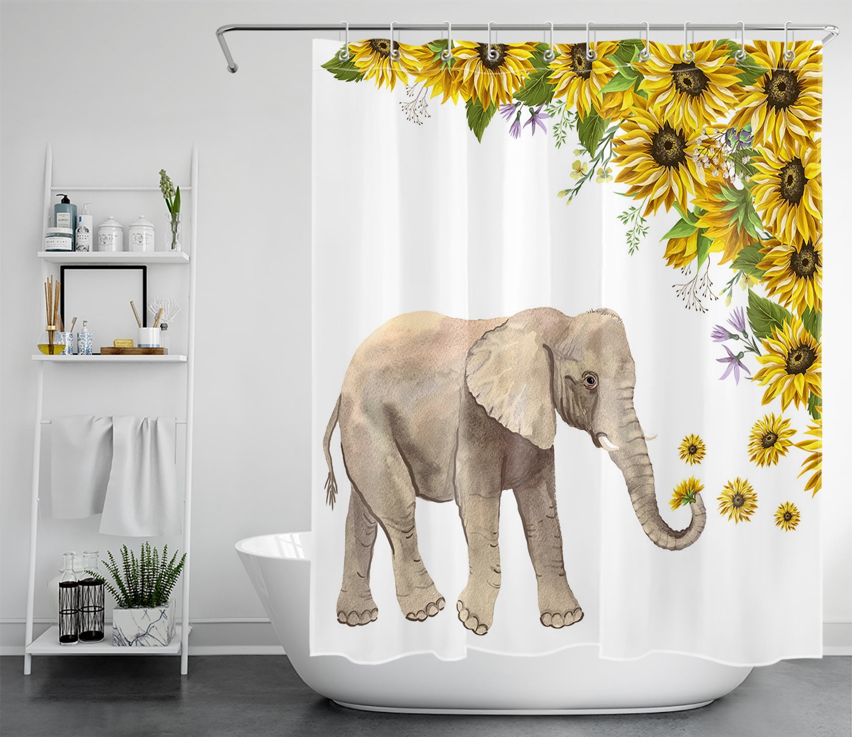 HVEST Funny Elephant Shower Curtain , Rural Watercolor Sunflower and