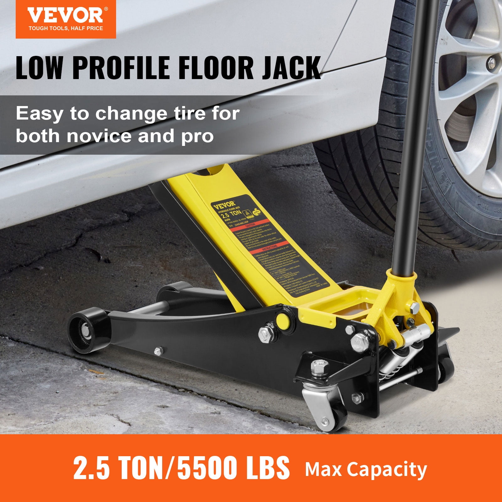 VEVOR Floor Jack, 2.5 Ton Low Profile Floor Jack, Heavy-duty Steel Racing Floor Jack with Dual Pistons Quick Lift Pump, Floor Jack Lifting Range 3.64"-19.49"