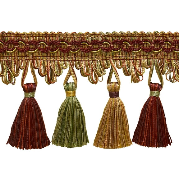 2 3/4" (7cm) Imperial Collection Scroll Gimp and Scalloped Loop Tassel Fringe Trim # NT2502,, Cherry Grove Beige #4770 (Golden Beige, Rust Red, Olive Green) Sold By The Yard (36"/3 ft/0.9m)