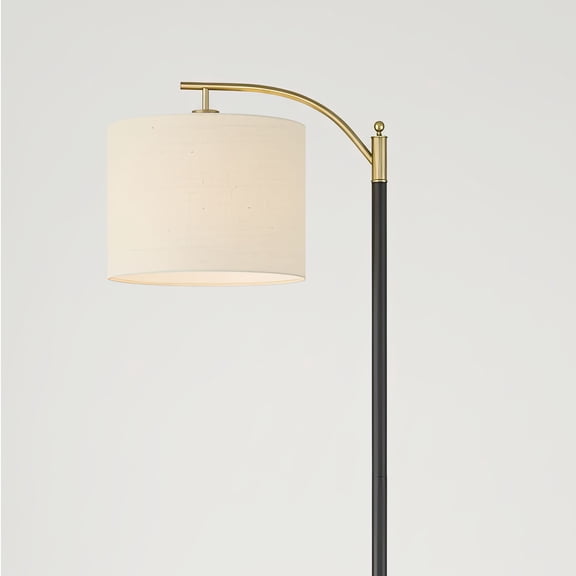 360 Lighting Rayna Mid Century Modern Downbridge Floor Lamp 61 1/2" Tall Black Gold Metal Off White Linen Drum Shade for Living Room Reading Bedroom