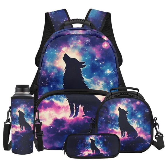 Yspwyqan Galaxy Nebula Wolf Kids Backpack Set 4Pcs with Lunch Box Pencil Case Water Bottle, Lightweight Fits 13 Inch Laptop Backpack for Elementary Middle School