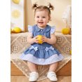 thumbnail image 6 of RUINIXCW Toddler Girls Denim Dress Plaid/Cow Pattern Patchwork Buttons Bowknot Decor Doll Collar Fly Sleeve Casual Dress Jeans Dress, 6 of 8