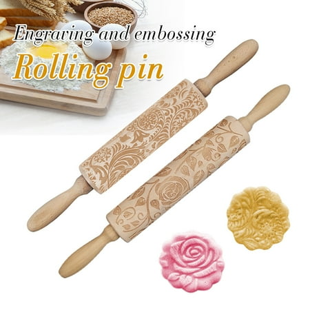 

Protoiya Wooden Rolling Pin Flower Pattern Wooden Laser Engraved Embossed Printing Rolling Pin DIY Tool for Homemade or Christmas Cookies