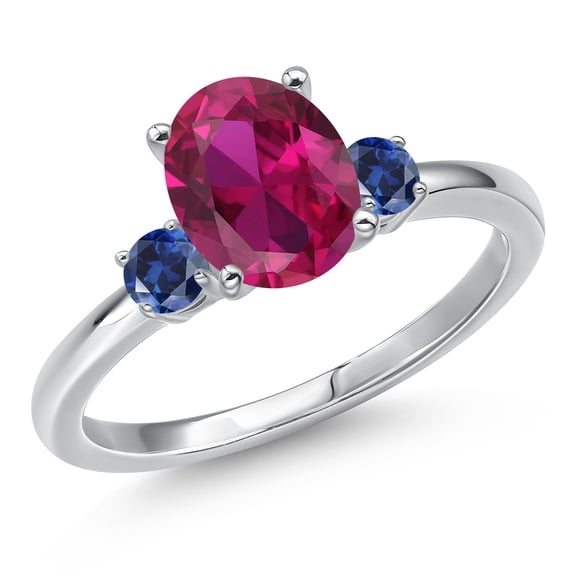 Gem Stone King 14K White Gold Red Created Ruby and Blue Created Sapphire Engagement Ring for Women | 2.28 Cttw | Oval 9X7MM | Gemstone July Birthstone | Size 7