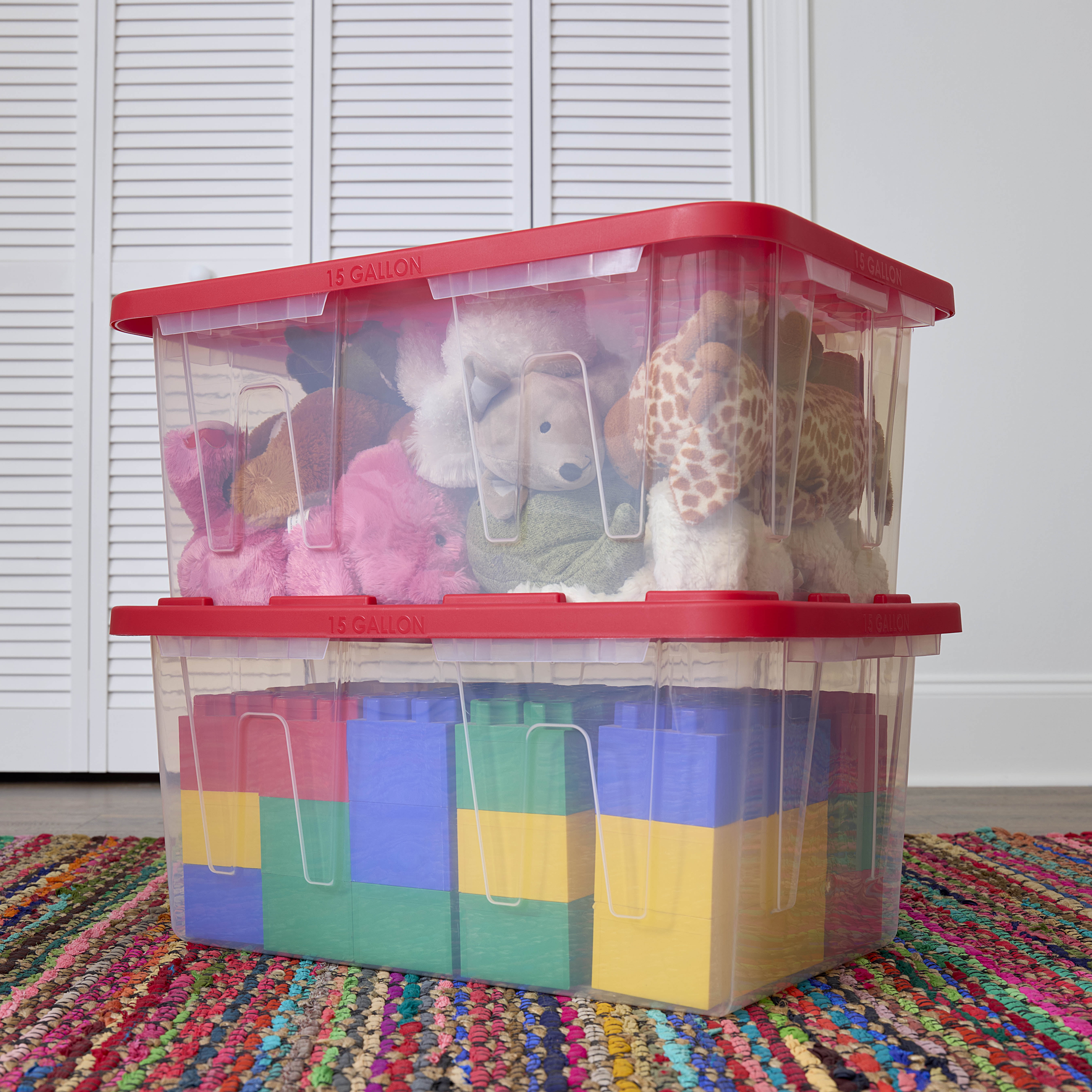 (Pack of 4) Hyper Tough 15 Gallon Clear Storage Bin with Red Snap Lid, Heavy Duty Plastic Storage Container