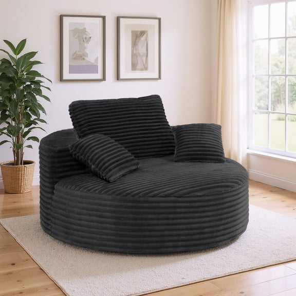 Hawsaiy 56.3" Oversized Round Chaise Lounge Sofa, Deep Seat Sleeper Loveseat with 3 Supportive Pillows, Wide Armrest, No Assembly Required, Corduroy Fabric Sofa Bed for Living Room or Bedroom