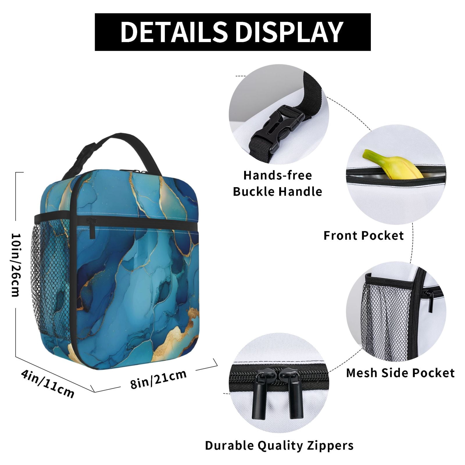 Lunch Bag For Women Men Insulated Portable Lunch Box Bento Box Office Picnic Travel Cooler Bag Blue And Gold Marble