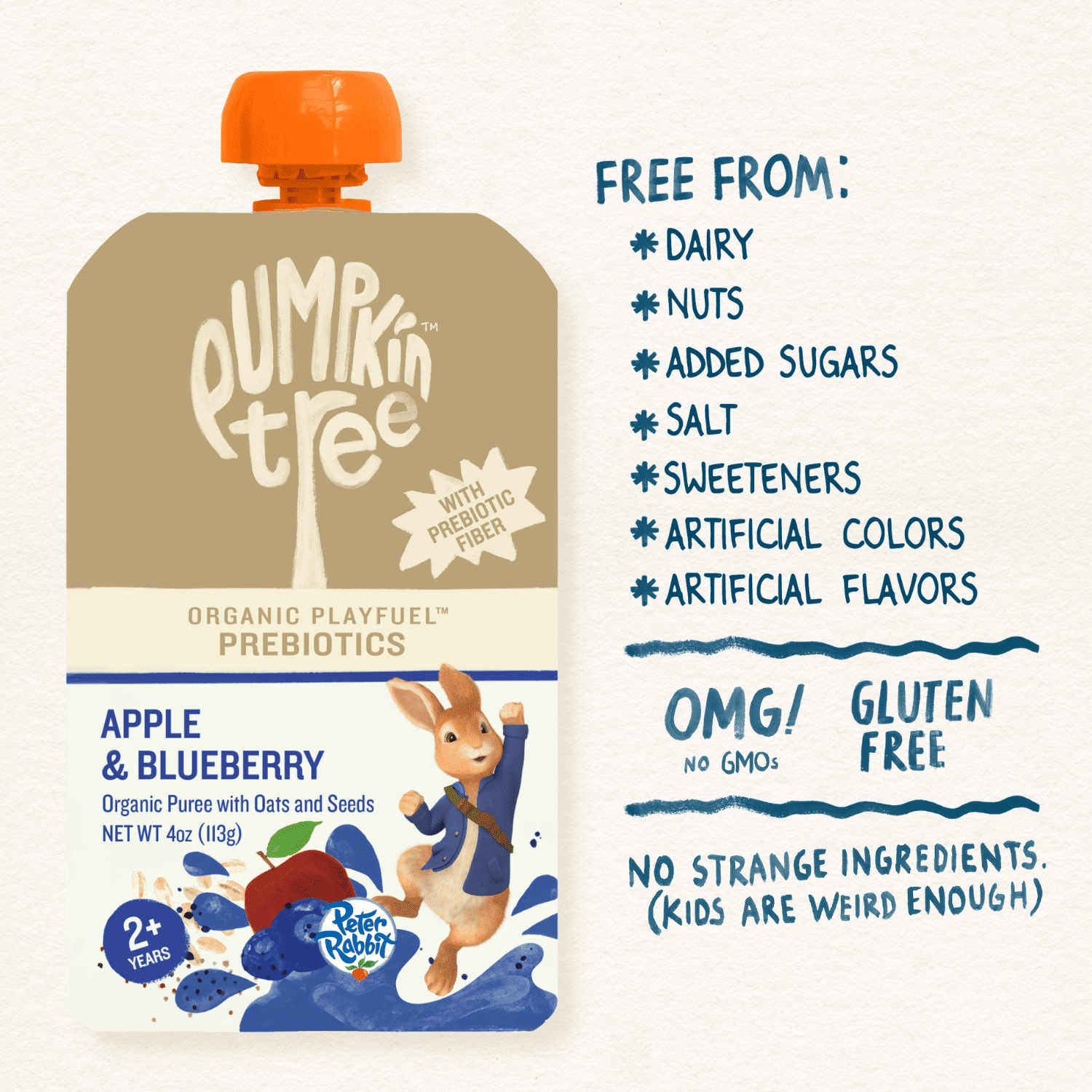 Pumpkin Tree Organics Peter Rabbit Prebiotic Fiber, Oats and Seeds Apple & Blueberry Fruit Snack, 4 Ounce Squeeze Pouch