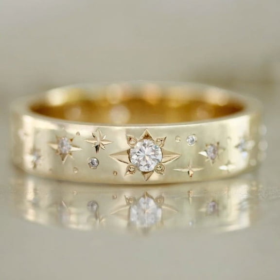SOLITAIRE JEWELS 5MM Dainty Celestial Stars Engraved Moissanite Diamonds Bridal Eternity Band 10K Yellow Gold