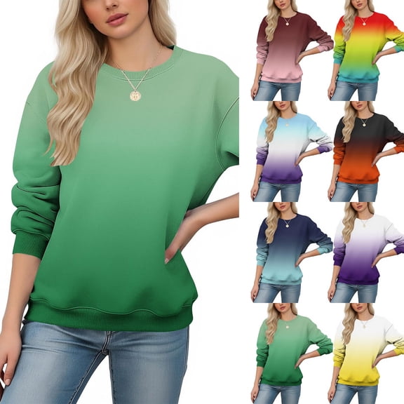 XPMWRP Women's Gradient Trendy Sweatshirt Casual Long Sleeve Crew Neck Pullover Loose Fall Winter Warm Sweatshirt Green S