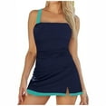 thumbnail image 4 of GEWSEY Women Tankini Bathing Suits Tummy Control Ruched Swimsuits Colorblock Drawstring Swimwear Navy, S, 4 of 7
