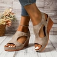 thumbnail image 2 of Wedge Dress Sandals for Women 2025 Summer Trendy Leather Peep Toe Platform High Heels Ladies Dressy Sandals, 2 of 7