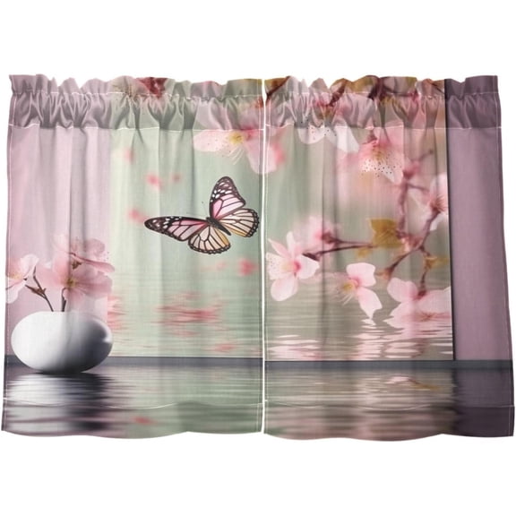 FREEAMG 36 Inch Length Kitchen Curtains Butterfly and Blossom 2 Panels Half Window Sheer Curtains Rod Pocket Farmhouse Short Drapes for Bathroom Cafe Basement