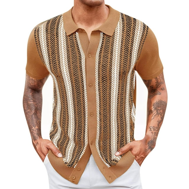 Es Lo Que Es Camisa Rayas de Punto de Manga Corta Solapa Superior, Retro Slim Fit Botón Casual para los Hombres, Estilo Vintage Camisa de Verano