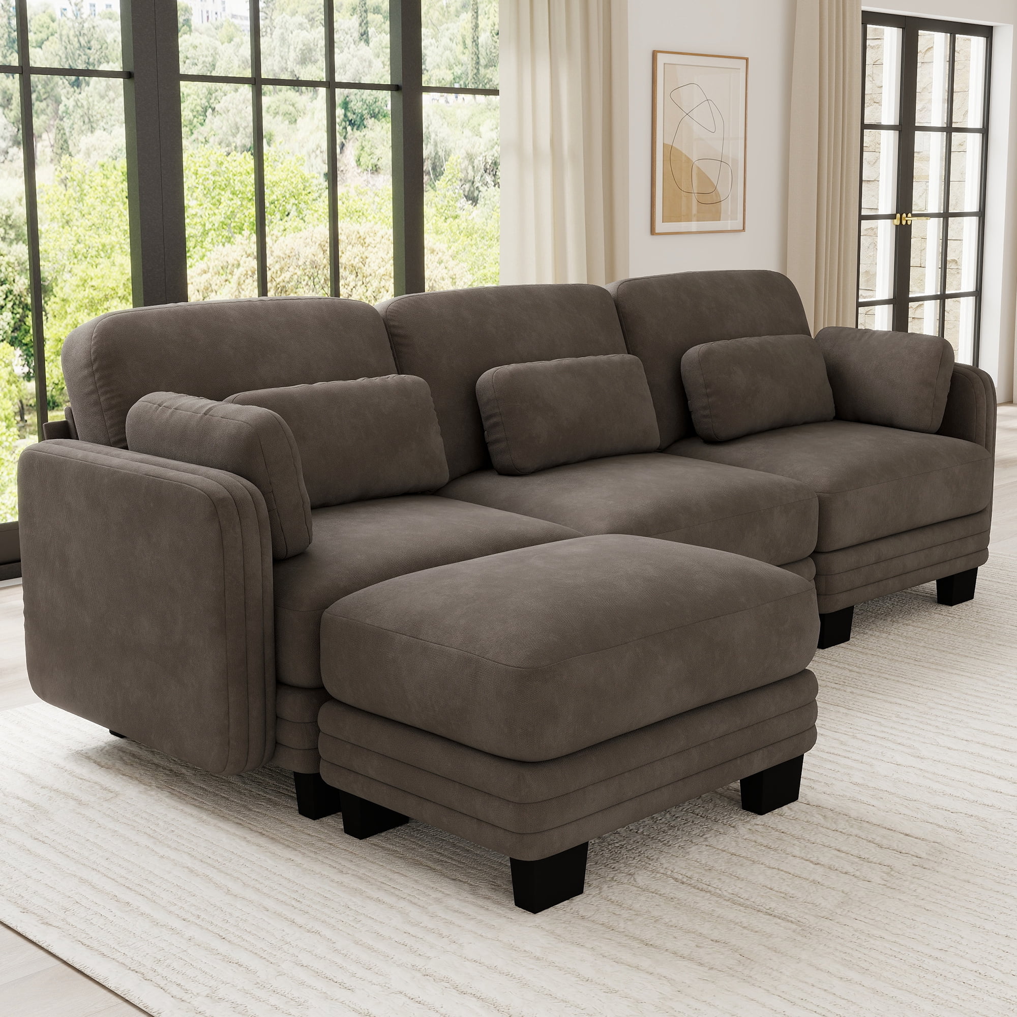 100" L Shape Modern Modular Sectional 3 Seater Sofa Couch with Movable Ottoman and 5 Pillows