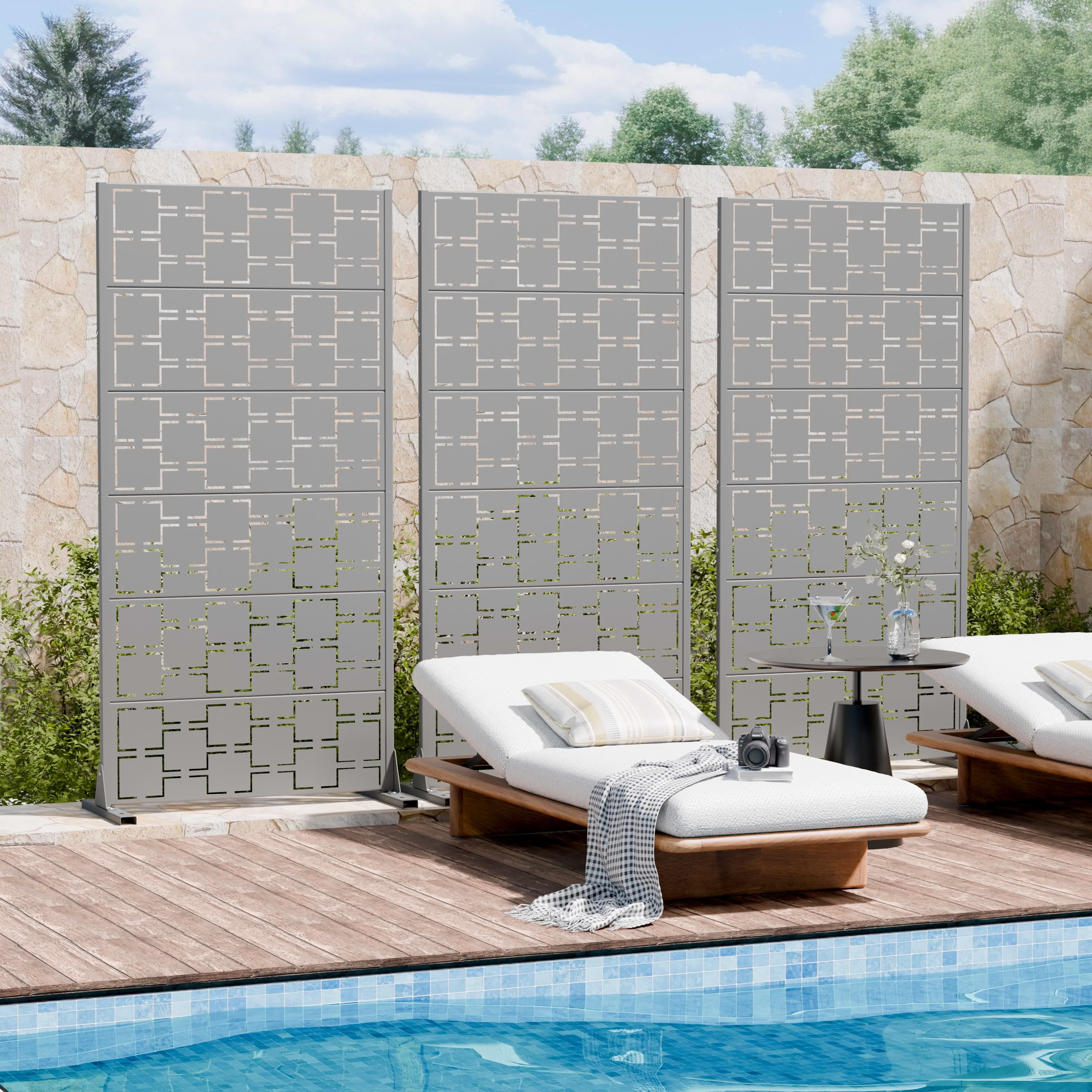 MAYEERTY 2-Piece Outdoor Metal Privacy Screen 6ft × 3ft Gray, 6-Panel Square Geometric Pattern Decorative Screen for Patio