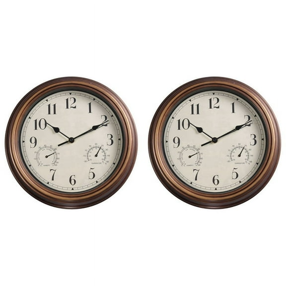 2pcs 12inch Wall Clock,Retro Waterproof Clock with Displays Thermometer&Hygrometer,Noise-Free for Indoor/Outdoor