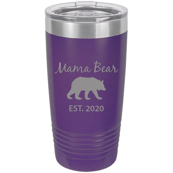 Mama Bear Est. 2020 Stainless Steel Engraved Insulated Tumbler 20 Oz Travel Coffee Mug, Purple