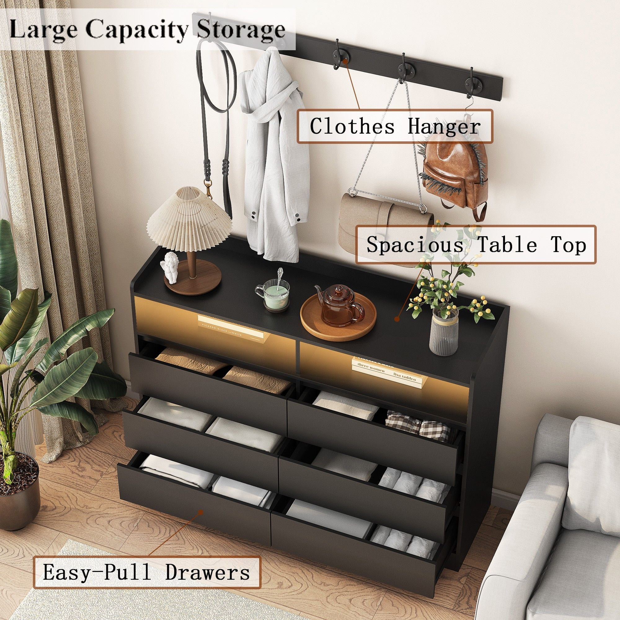 Finihen 6 Drawer Dresser, Modern Chest of Drawers with Led Lights, Wooden Dresser for Bedroom with Sturdy Frame for Living Room, Entryway, Hallway, Black-L Finihen 6 Drawer Dresser, Modern Chest of Drawers with Led Lights, Wooden Dresser for Bedroom with Sturdy Frame for Living Room, Entryway, Hallway, Black-L
