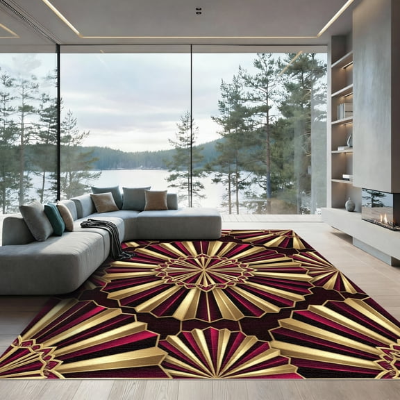 ODIKA 4'x6' Machine Washable Non-Slip Area Rug, Geometric Burgundy High Traffic Rug, Red, 985422